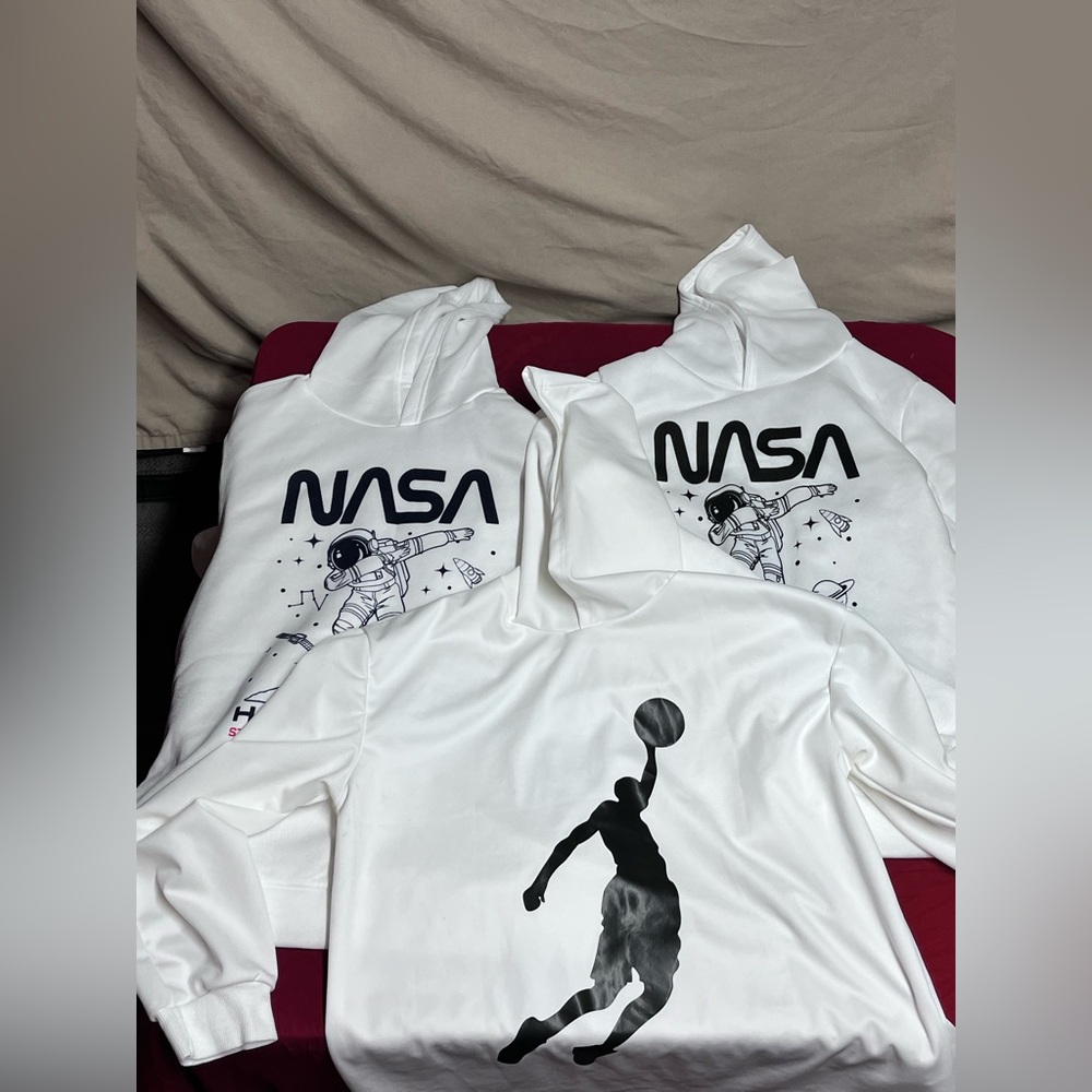 3 White sweaters 2 NASA 1 Basketball themed Size 16 Y Brand new